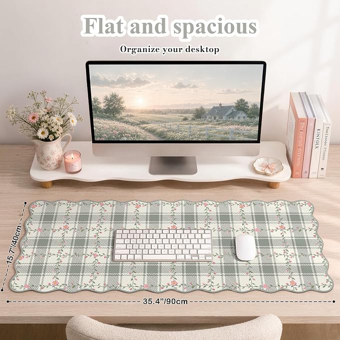 iCasso Leather Scalloped Checkered Desk Mat, XXL Flower Mouse Pad, Back to School Desk Matt for Desktop, Anti-Slip Big Cute Mousepad with Stitched Edges for Home Office Decor (Light Green)