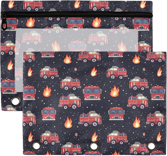 Fire Fighting Truck Binder Pouches 3 Ring for Boys Girls School Office College Supplies Cars Doodle Pattern Pencil Pouches Case Bag with Clear Window and Zipper 2 Pack