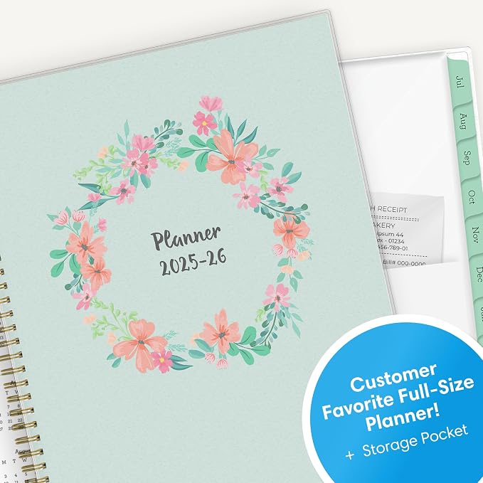 Blue Sky 2025-2026 Weekly & Monthly Academic Planner, 8.5"x11", Laurel | July 2025 - June 2026, Flexible Cover, Wirebound, Laminated Tabs, Storage Pocket, Academic Year
