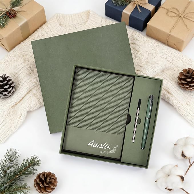 ENOMY Personalized Notebook Set with Pen & Gift Box A5 Leather Custom Notebook 200 Pages Lined Journal for Work,Business,College,Travel,Birthday,Valentine's Day Gift, Green