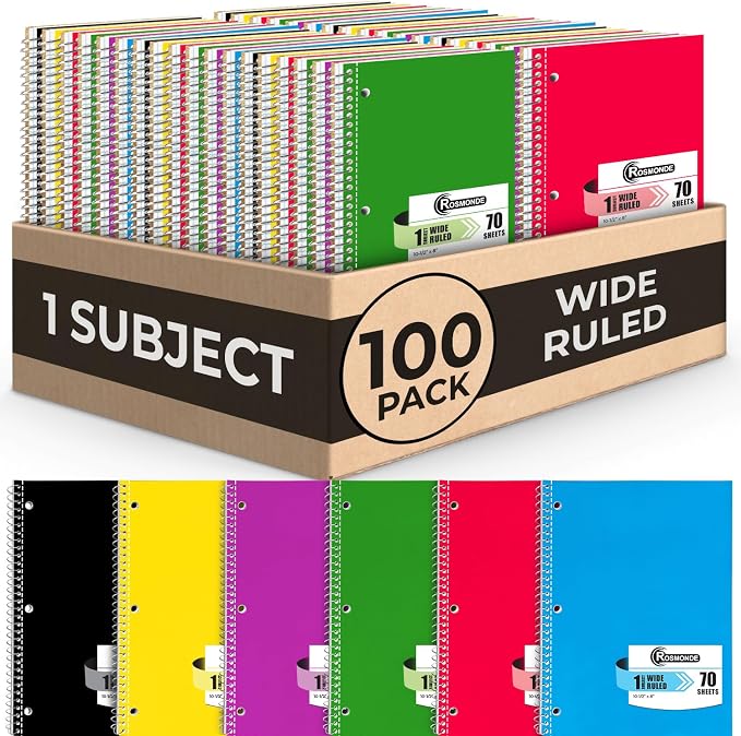 Rosmonde 100 Pack, 1 Subject Spiral Notebook Wide Ruled Bulk, 140 Pages (70 Sheets), Thick No-Bleed Paper, 8 x 10-1/2", 3 Hole Punched, 1 Subject Spiral Notebook Bulk, Bulk Subject Notebook