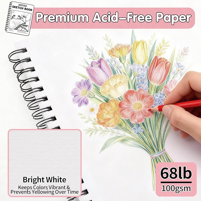 FIXSMITH 9"X12" Pink Sketch Book, 400 Sheets (68 lb/100gsm) Spiral Sketchbook, Acid Free Drawing Paper, Sketch Pad for Beginners,Artists & Professionals, Bright White