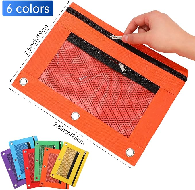 Leelosp 60 Pack Pencil Pouch for 3 Ring Binder Mesh Zipper Pencil Case Bags Binder Pouches Bulk for Writing Utensils Storage Supplies (Red,Orange,Yellow,Green,Aqua,Purple)