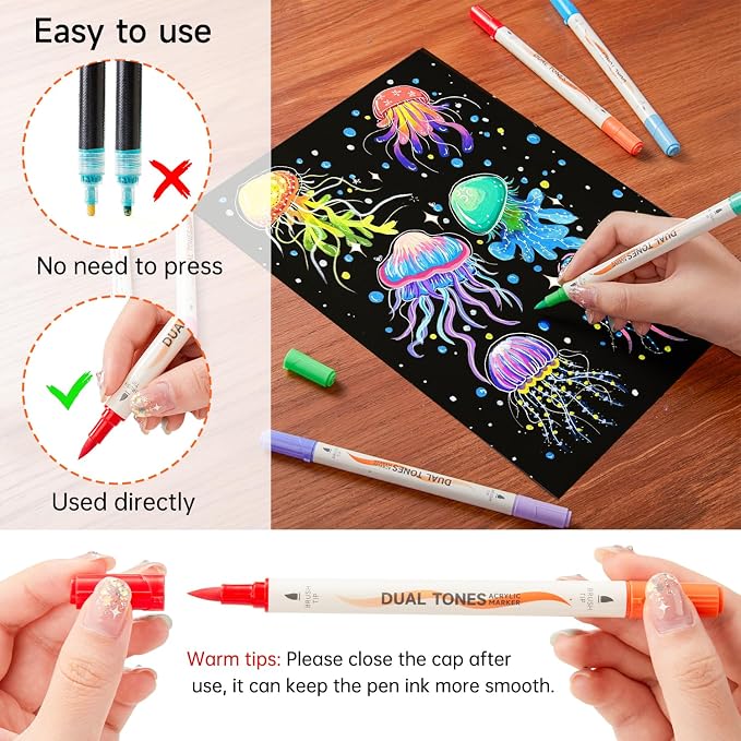 Shuttle Art 120 Colors Dual Tone Acrylic Paint Markers, 60 Pack Acrylic Paint Pens Set for Rock Painting, Ceramic, Wood, Canvas, Glass, Stone, Fabric, Card Making, DIY Football Crafts, FlipFunAlong