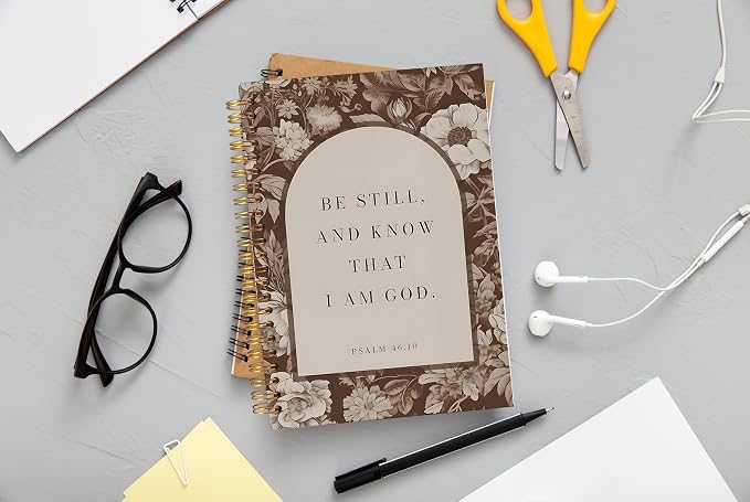 Brown Floral Christian Notebook Journal, Be Still and Know That I Am God Bible Verse Notebook, Christian Gifts for Women, Religious Scripture Spiral Journal 5.5x8.3 Inch