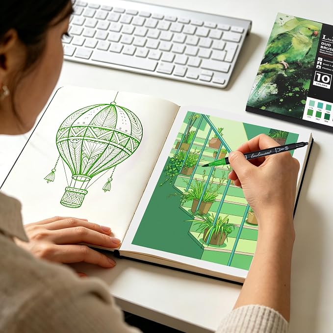 LIULIUCAI 10 Green Dual Markers, Fine & Brush Tip Pen for Adult Coloring | Lush Green Markers, Colored Pens for Landscapes, Leaves, Nature Journals, Botanical Art, Drawing Illustration Lettering