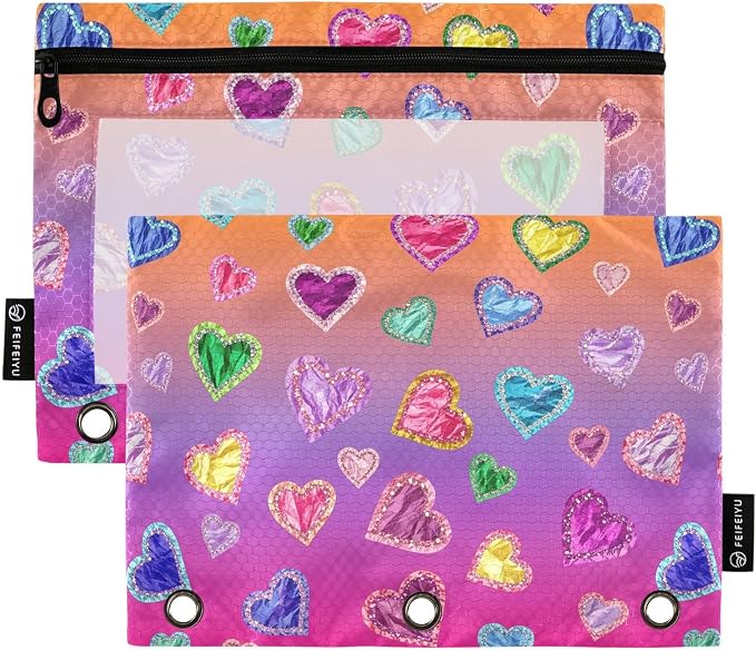 Gredecor Binder Pencil Pouch 3 Ring Hearts on Bright Gradient Zipper Pencil Pouches Case 2 Pack Clear Binder Organizer for School Office