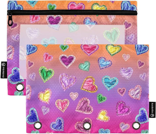 Gredecor Binder Pencil Pouch 3 Ring Hearts on Bright Gradient Zipper Pencil Pouches Case 2 Pack Clear Binder Organizer for School Office