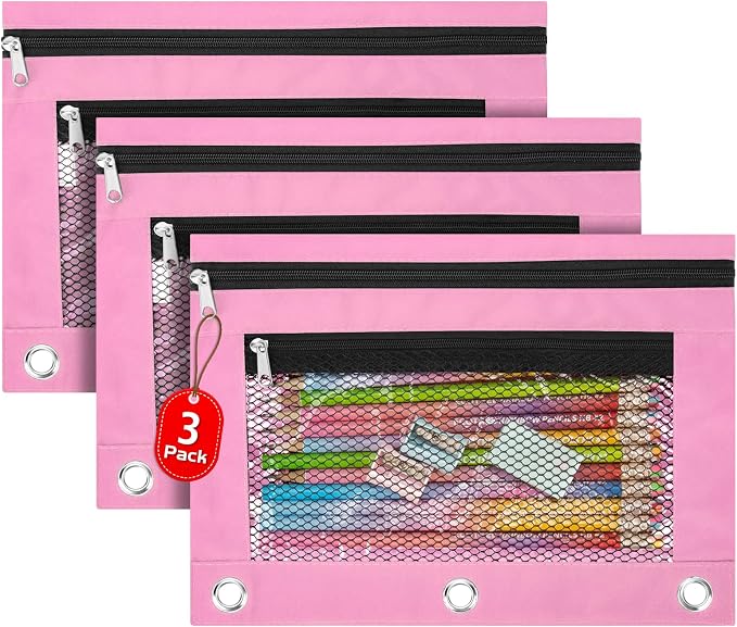 3 Pack Pencil Pouch for 3 Ring Binder Bulk Binder Pencil Pouch with Zipper, Pencil Pouch Bags for Classroom Box Pencil Case for Storing School Students Teacher Supplies, Pink