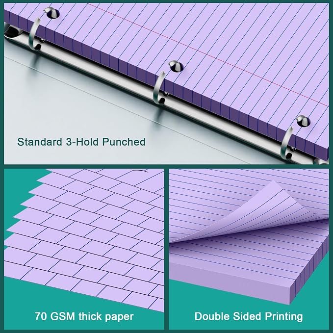 Purple Note Pads 8 X 10.5 Loose Leaf Paper, 120Sheets, 3 Hole Punched Lined Paper, College Ruled 8 X 10.5 Notebooks, 10-1/2" X 8 Binder Writing Pads, Filler Paper for Office, School Supplies