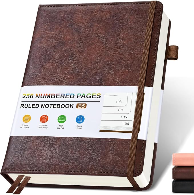 Lined Leather Journal Notebook for Men Women, Hardcover Journals with 256 Numbered Pages, B5 Journaling Notebooks for Writing, 100GSM Thick Ruled Paper for Business Work School 7.6"×10", Brown