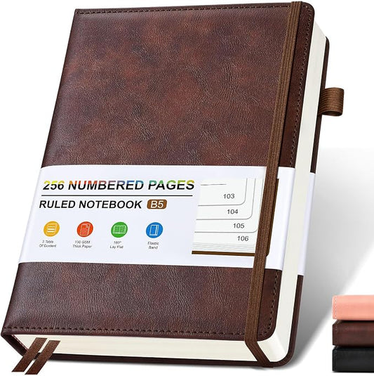 Lined Leather Journal Notebook for Men Women, Hardcover Journals with 256 Numbered Pages, B5 Journaling Notebooks for Writing, 100GSM Thick Ruled Paper for Business Work School 7.6"×10", Brown