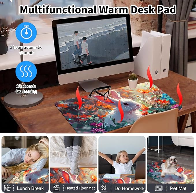 Heated Desk Pad Mouse Pad,Heated Desk Mat,with 3 Heating Levels & 3 Hours Auto Shut-Off,Leather 23.6"*14.2" Gaming Mouse Laptop Mat,Foot Warmer,Cute Rabbit Floral