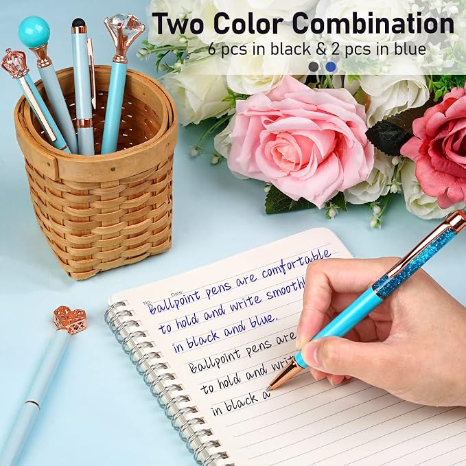 WEMATE 8Pcs Blue Pens, Metal Crystal Diamond Pens with Black & Blue Ink | Cute Fancy Pens for Journaling, Office Supplies, Gifts for Women Girls, Birthday & Back to School Supplies