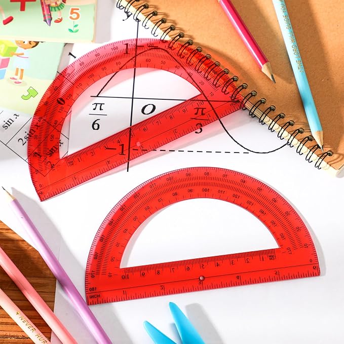 EBOOT Plastic Protractor Math Protractors 180 Degrees, 6 Inch, Pack of 2 (Red)