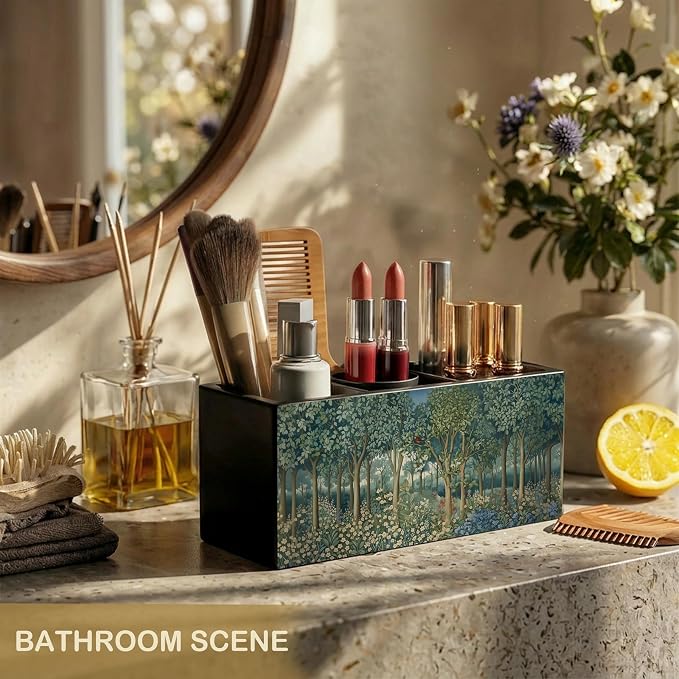 Rustic Green Nature Forest William Morris Inspired Wooden Pencil Pen Holder for Desk Organizers and Accessories, Cottagecore Forest Botanical Wildflower Makeup Brush Holder Organizer