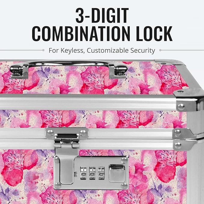 Vaultz Combination Lock Box - Secure Safe for Documents, Valuables, Medicine & Money - 10 x 7.25 x 7.75 Inch - Floral, Pink & Gray