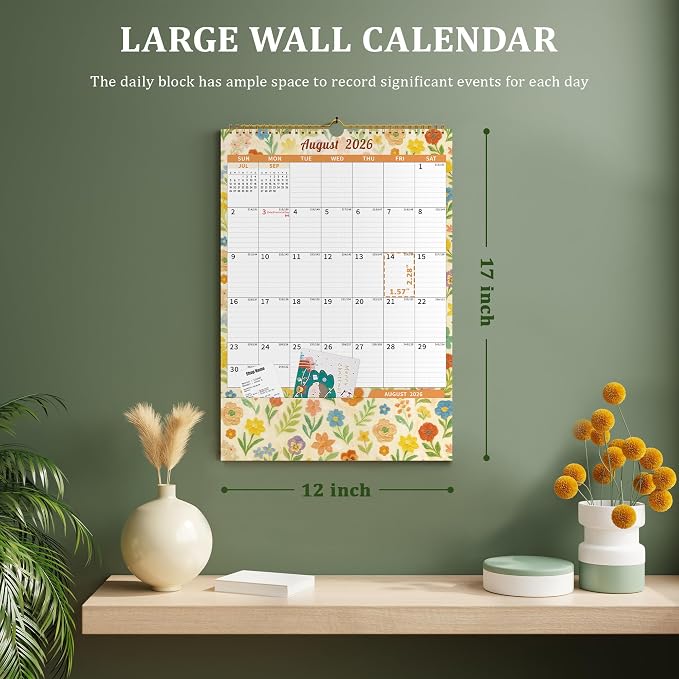 Ospelelf Wall Calendar 2026-2027 with Storage Pockets, 17" X 12" Monthly Large Planner Pad with Protective Cover and Stickers, for Family Fridge Office Teacher Student, Use July 2026 to December 2027 Artistic Floral