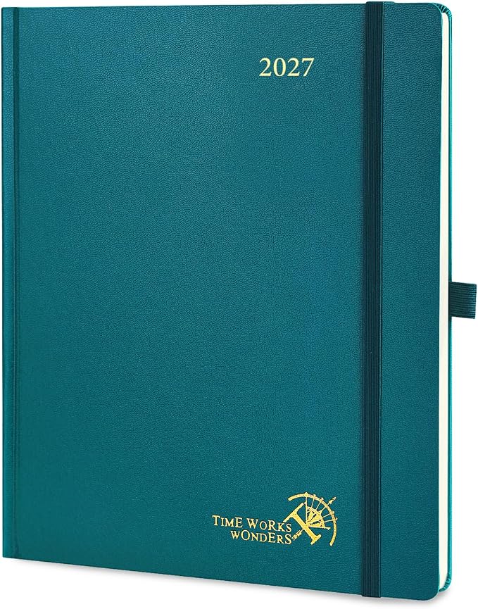 POPRUN 2027 Planner Weekly and Monthly, Large 8.5" x 10.5" Calendar, Jan 2027- Dec 2027 Agenda, Daily Appointment Book with Hourly Time Slots, Monthly Tabs, Hardcover, 100 GSM - Pacific Green