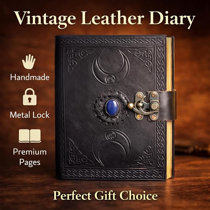 cuero 3 Moon Blue Lapis Embossed Vintage Leather Journal for Men & Women - 176 Pages, Antique Handmade Deckle Edge Vintage Paper, Leather Journal Writing Notebook Dairy Gift(10 inch by 13 inch, Black) [Unknown Binding]