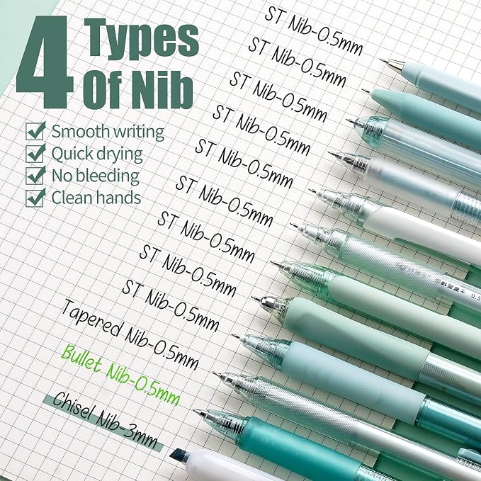 Four Candies Green Pens, Black Gel Ink, Forest - 12ct, 0.5mm Fine Point | Teal School & Office Supplies, Mint Green Pen and Highlighter Set, Smooth Writing