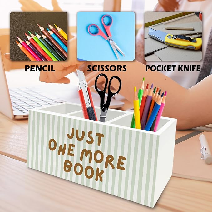 Book Lover Gifts Pen Pencil Holder Organizer for Desk, Just One More Book Bookish Wooden Box Signs Decorations for Reading Room Library Desk Tabletop, Bookworm Bookish Reader Gifts