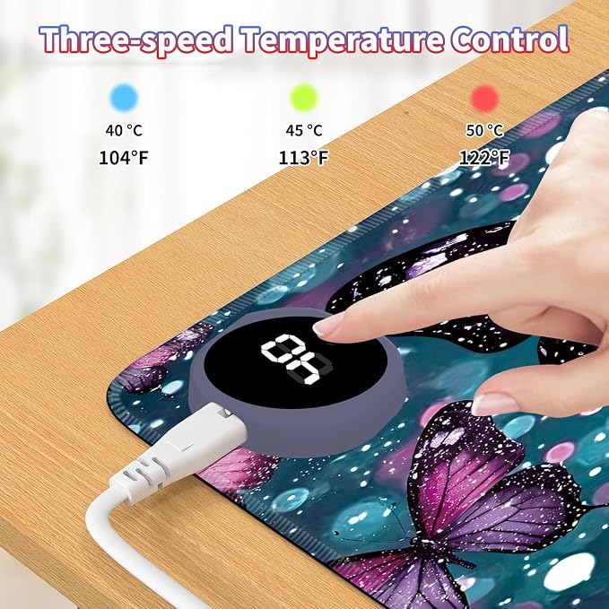 Heated Desk Pad Large Mouse Pad 23.6 x 14.1 inch with 3 Levels Heating & Auto Shut-Off Warm Mouse pad PU Leather Computer Mousepad for Home Office Work - Green Glitter Butterflies