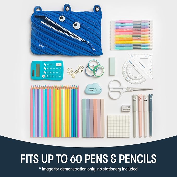 ZIPIT Monster Pencil Case for Kids, Cute 3-Ring Binder Pencil Pouch for Boys, Girls and Teens, Stationery Bag for School, Blue