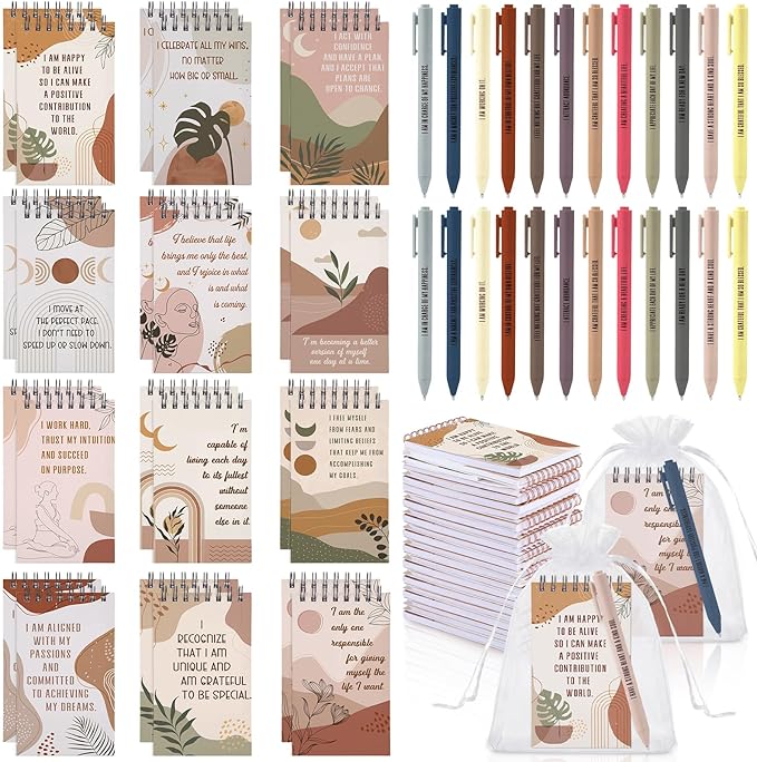 Kosiz 48 Pcs/24 Set Positive Affirmation Gifts Bulk for Women Pocket Spiral Notepads with Motivational Pens Small Bags Mini Self Care Inspirational Notebooks Coworker Team Group Adult Party Favors
