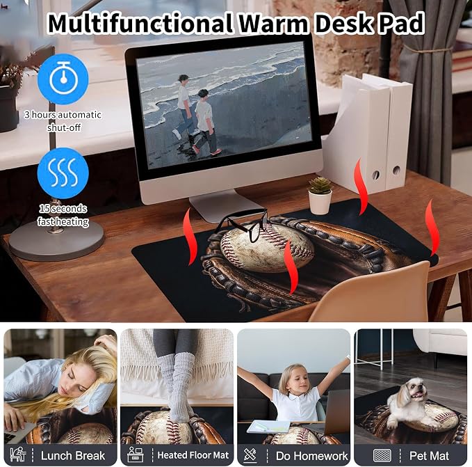 Heated Desk Pad Mouse Pad,Heated Desk Mat,with 3 Heating Levels & 3 Hours Auto Shut-Off,Leather 23.6"*14.2" Gaming Mouse Laptop Mat,Foot Warmer,Retro Baseball