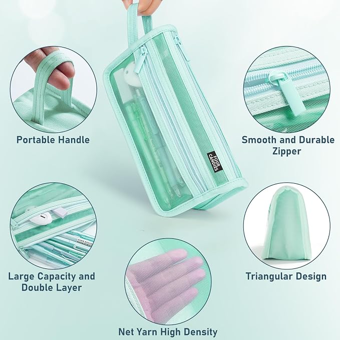 Four Candies Grid Mesh Pencil Case, Double-Layer, Clear, with Handle | Cute Stationary, Marker Organizer, Makeup Bag, Transparent Mesh, Smooth Zipper, Travel Friendly, for Adult Office College