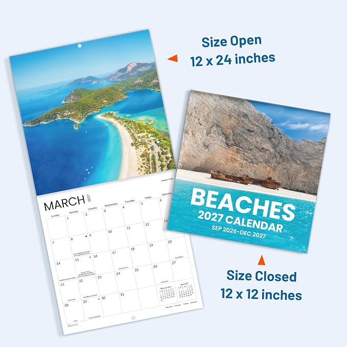 SUNEE Calendar 2026-2027 for Wall, 2027 Large Wall calendar 12x12 Inches with 16 Months from September 2026 to December 2027, Thick Glossy Paper, 12" x 24" (Open), Beaches