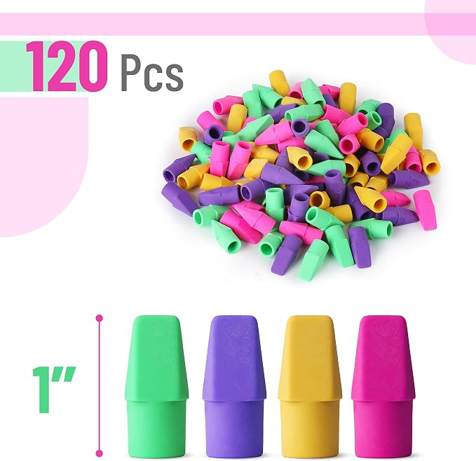 Mr. Pen- Pencil Top Erasers, 120 Pack, Latex-Free, No-Smudge | Cap Pencil Erasers for Precise Erasing, Kids, Teachers, Studying Supplies, Vibrant Colors