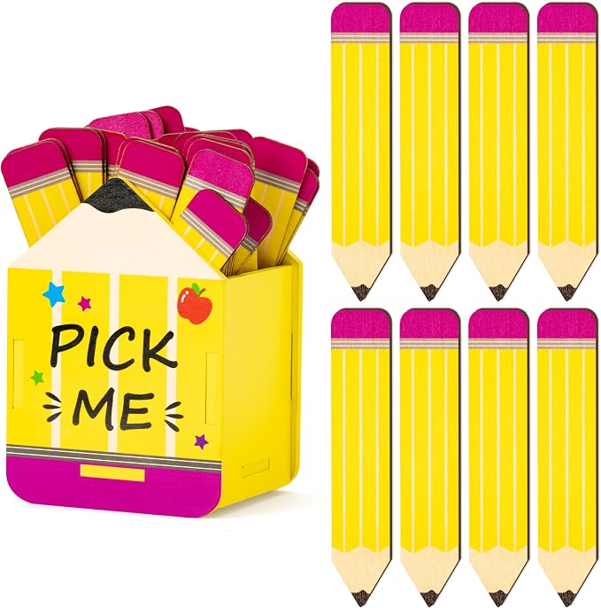 CJiangpo 51Pcs Pencil Flip Name Sticks with Wooden Pencil Shaped Holder | Talking Flip Name Sticks, Classroom Management, Educational and Learning Activities, Grouping Back to School Supplies