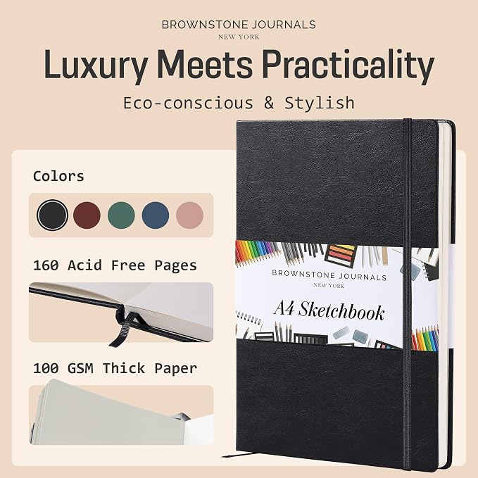BROWNSTONE JOURNALS A4 Sketch Book Hardcover - 80 Sheets 100 GSM Paper 8.5"x11.5", Lay Flat, Vegan Leather Cover, Elastic Band, Back Pocket, Art Drawing Book (Charcoal Black)