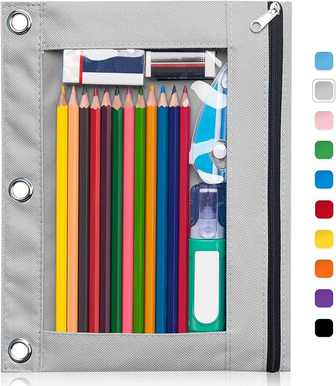 Forvencer Pencil Pouch for 3 Ring Binder, Binder Pencil Case with Smooth Zipper, Clear Window Pencil Bag with 3 Reinforced Grommets, Big Capacity Pencil Box, School Office Supplies, Grey
