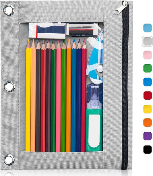 Forvencer Pencil Pouch for 3 Ring Binder, Binder Pencil Case with Smooth Zipper, Clear Window Pencil Bag with 3 Reinforced Grommets, Big Capacity Pencil Box, School Office Supplies, Grey