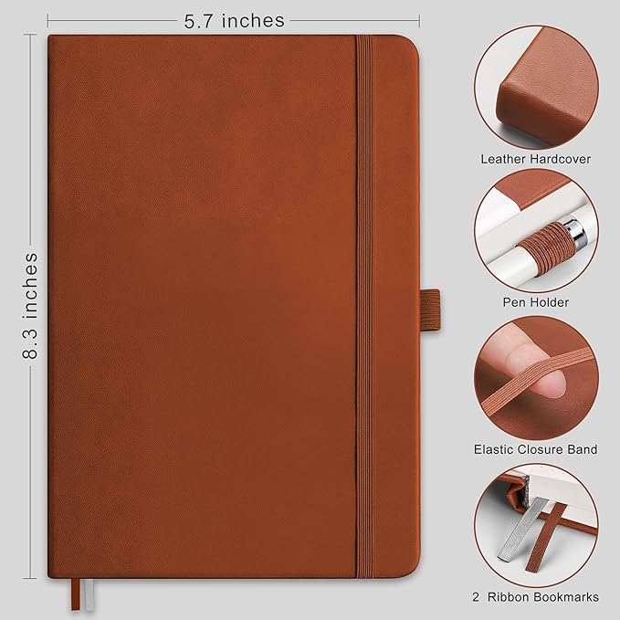 RETTACY Graph Grid Paper Notebook, 192 Pages, A5 Size (5.7'' x 8.3'') | 5 Squares per Inch, Leather Hardcover, 100 GSM Thick Paper, for School, Students, Math, Engineering (Brown)