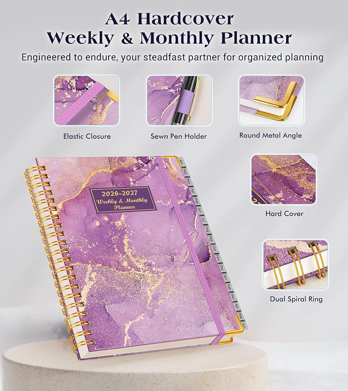 Planner 2026-2027, 18 Months Weekly and Monthly Hardcover Planner, January 2026 - June 2027, 8.5" x 11" A4 Large Daily Calendar Planner Book with Tabs, Spiral Yearly Agenda Organizer Notebook for School Work Home, Purple Marble