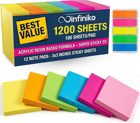 Sticky Notes 3x3 (12 Pads / 1200 Sheets) – 2026 Improved Adhesive, Very Very Sticky & Bright Neon Colors – Perfect for School, Office & Desk Supplies