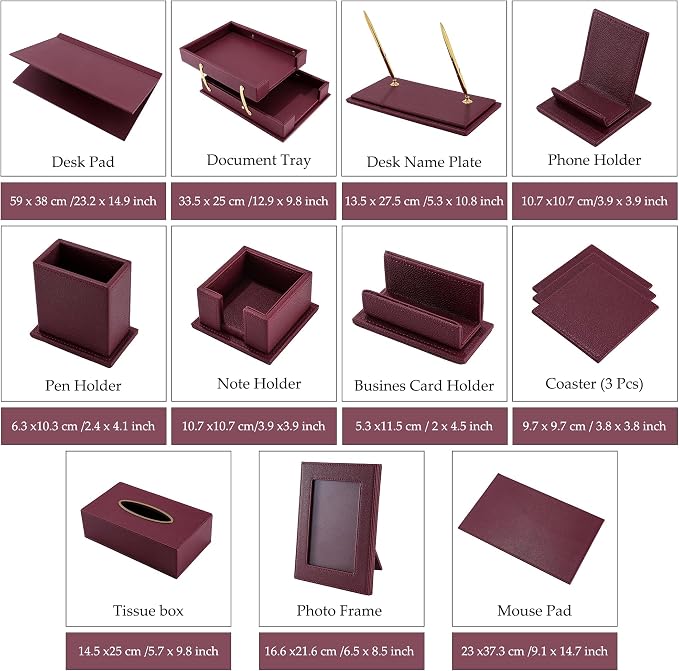 Leather Desk Set,13-Piece Desk Organizer Set, Executive Office Accessories with Desk Pad & Blotter, 2-Tier Tray, Pen Holder & More, Professional Office Desk Decor & Gift Set (Burgundy)