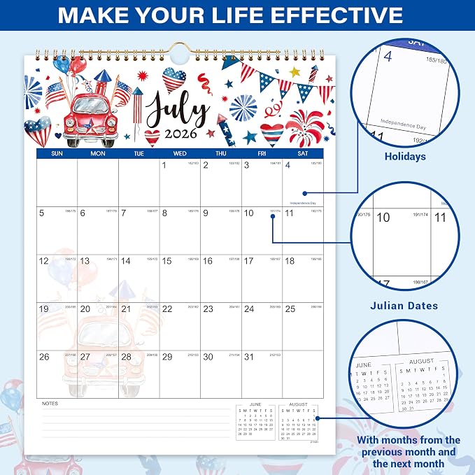 Calendar 2026-2027 - Wall Calendar 2026-2027, July 2026 - December 2027, 11.49'' x 14.56'', Vertical Wall Calendars with Julian Dates, Hanging Hole, Thick Paper