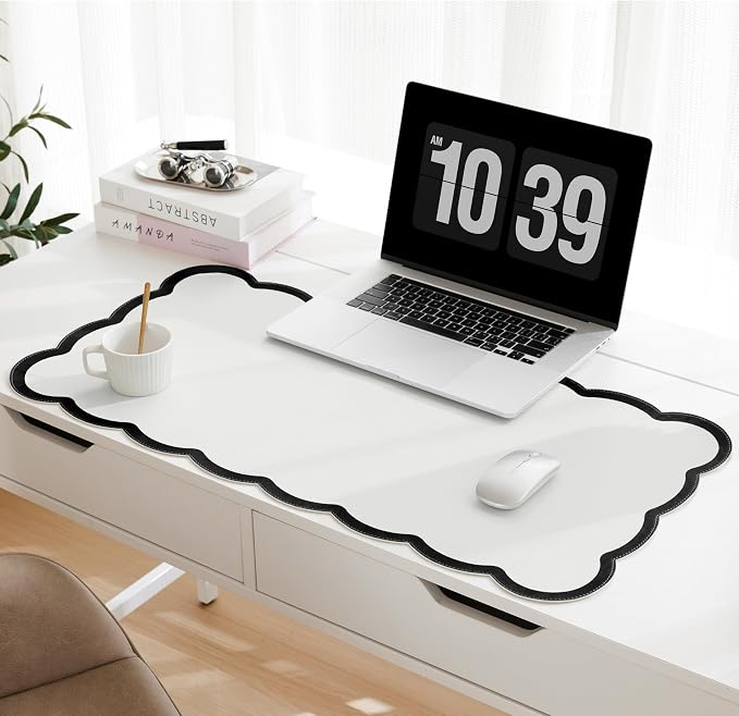 Scalloped Desk Mat, 31.5" x 15.7" Large Cute Aesthetic Desk Accessories, PU Leather Computer Laptop Desk Mouse Keyboard Pad, Desk Writing Mat for Vanity/Work/Home Decor (Black, 31.5" x 15.7")