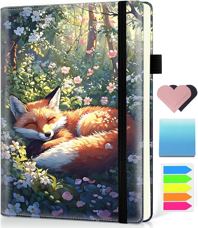 Hardcover Executive Notebooks, A5 PU Leather Lined Journal Notebook, 200 Pages Thick Paper Subject Notebooks for School,Work,Home Writing Business Notebook, Diary Book ，Cute Fox and Flowers
