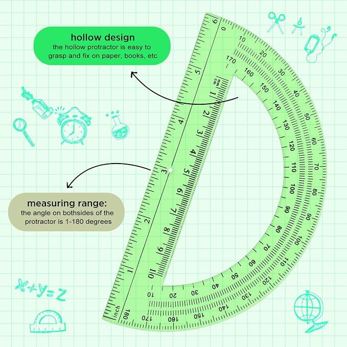 Zonon 2 Pcs 12 Inch Clear Ruler and 6 Inch Plastic Protractor Set, Dual Scale Inch/Cm Math Geometry Measuring Tools for Back to School Students Teachers Classroom Office Drafting Use(Green)