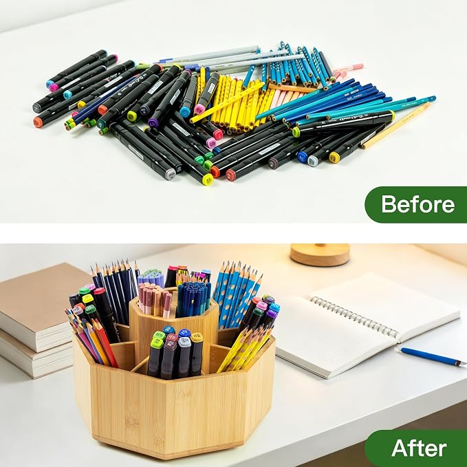 VaeFae 360° Rotating Bamboo Pen Holder Desk Art Supply Organizer | 9-12 Slots, Removable Divider, Octagonal Frame, Polished Surface, Space-Saving for Pens, Markers, Brushes & Beauty Supplies