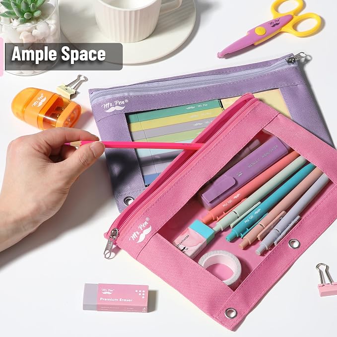 Mr. Pen- Pencil Pouch for 3 Ring Binder, 2 Pack, 10"x6.75", Smooth Zipper | Clear Window, Large Capacity Pencil Case with 3 Reinforced Grommets for School, Office, Supplies Storage | Clear Window, Large Capacity Pencil Case with 3 Reinforced Grommets f...