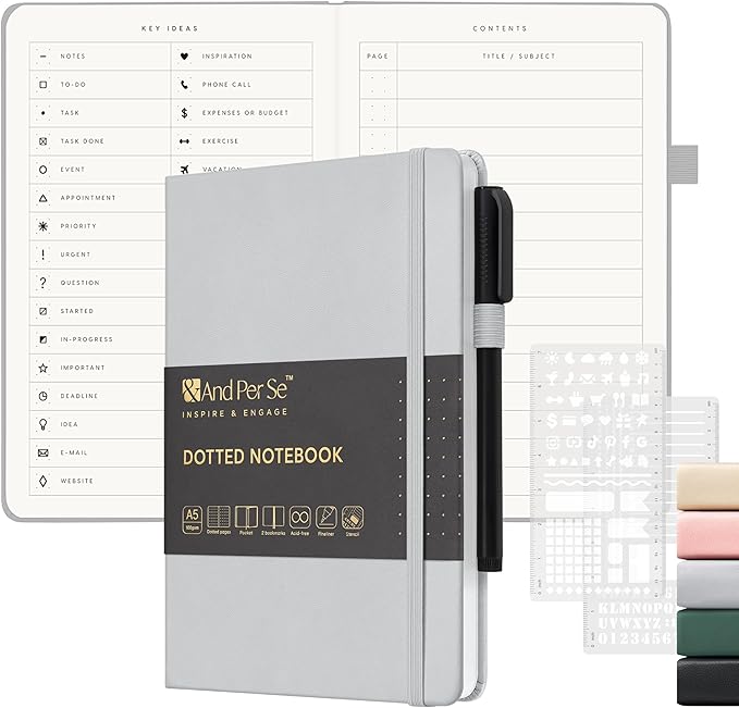 &And Per Se Dotted Notebook, A5 Hardcover with Journal Dotted Pages, Journal Stencils & Pen, 176 Numbered Pages for Beginners Women Men (Grey)