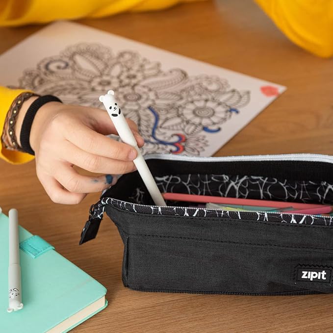ZIPIT: Lenny Pencil Case - Black & White - Large Storage Capacity Zipper Pouch, Makeup & Stationery Bag, School, Washable Polyester, Kids-Teens-Adults