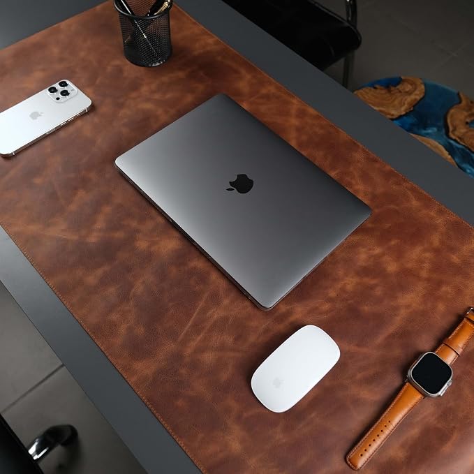 Jersey Genuine Calfskin Leather Desk Pad, Office Desk Mat with Non-Slip Bottom, Smooth Surface for Mouse & Keyboard, Desk Protector (14.6x31.5 inches) (Antic Tan)